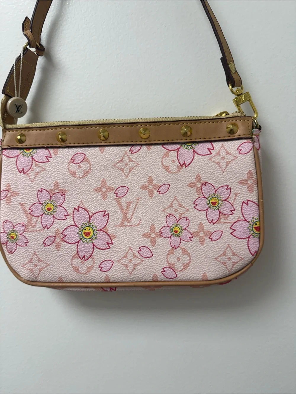 Louis Vuitton Pink Floral Mini Pochette with Tan Trim